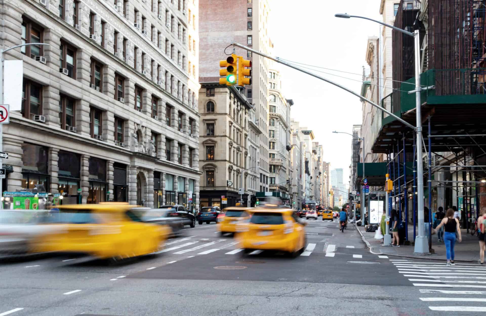 Blurry image of taxis in New York City