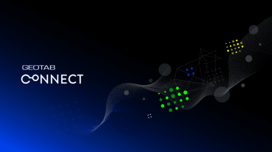 A graphic design for "Geotab Connect" featuring the event title in white text on the left side of the image, set against a gradient background transitioning from deep blue at the bottom to black at the top. To the right, abstract patterns include a flowing dotted wave with clusters of geometric shapes and colorful dots in green, yellow, and blue, symbolizing innovation and connectivity.